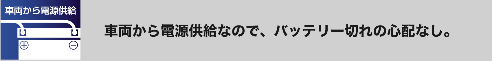 車両から電源供給なので、バッテリー切れの心配なし。